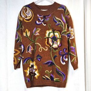 Adrienne Vittadini Rust Floral Long Sleeve Wool Blend Cozy Knit Tunic Sweater